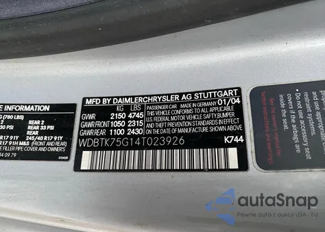 2004 Mercedes-Benz Clk 500 z USA, uszkodzony, nr VIN WDBTK75G14T023926